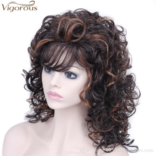 Vigorous Medium Long Curly Black Mixed Light Brown Synthetic Wigs With Bangs For Black Women Glueless Heat Resistant Hair Wigs